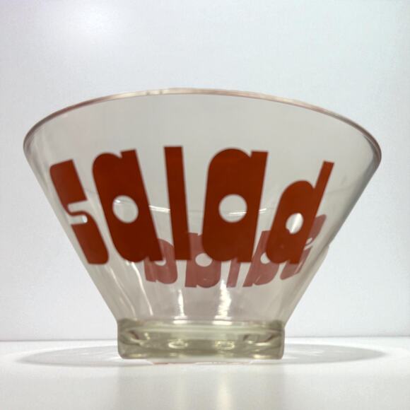 Vintage 1970s Glass Salad Bowl with Bold Red Lettering – Funky Retro Kitchenware - Picture 1 of 6